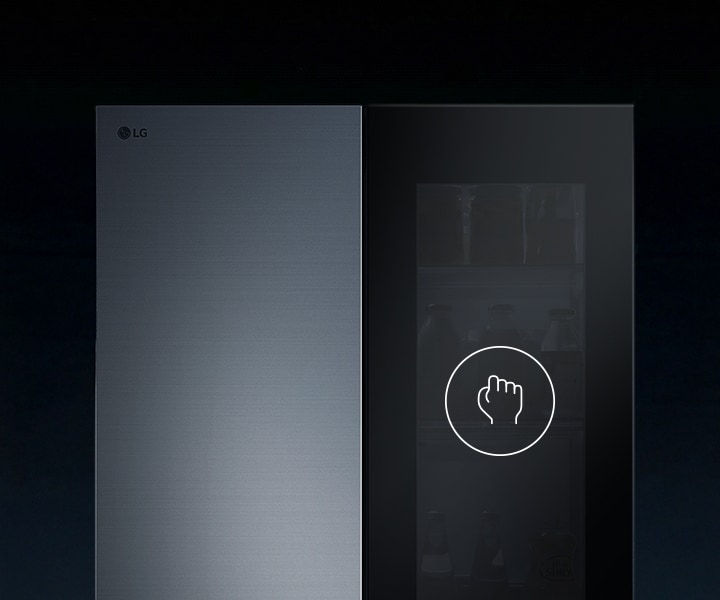 Многоврат хладилник LG InstaView с икона за почукване върху стъклената врата.