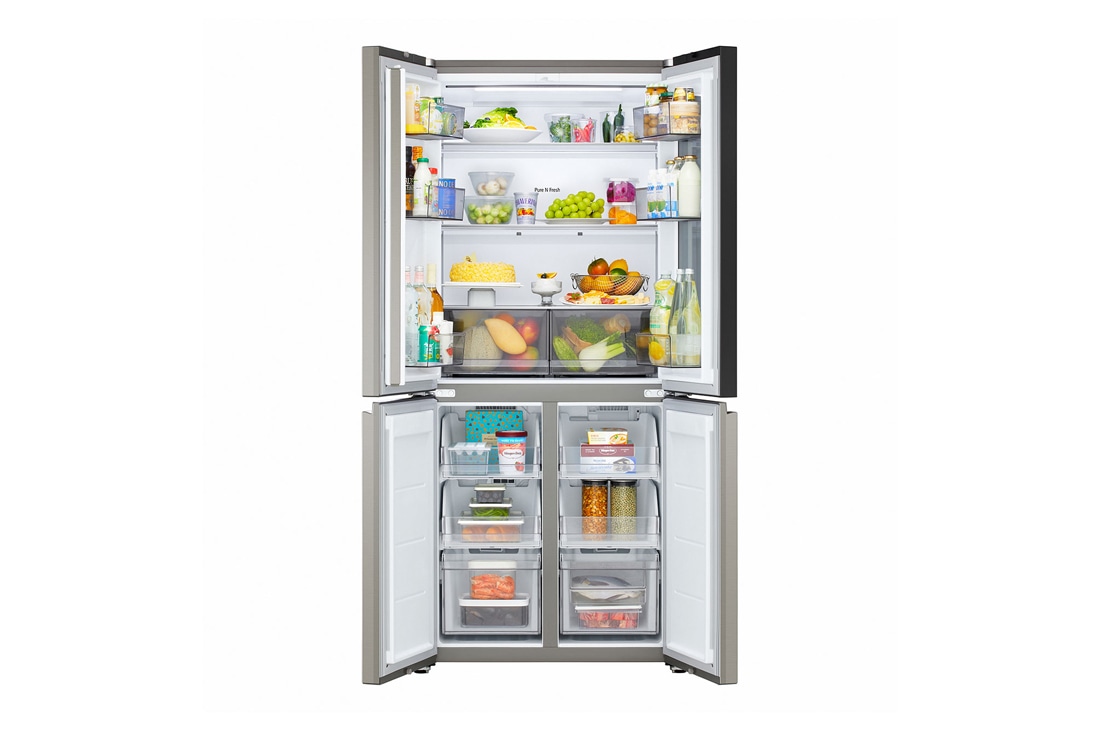 LG InstaView™ Multi-Door хладилник, DoorCooling+™ технология, 580L капацитет, Хладилник LG - отворена предна част с поставени храни, GMVS30SEPY, thumbnail 3