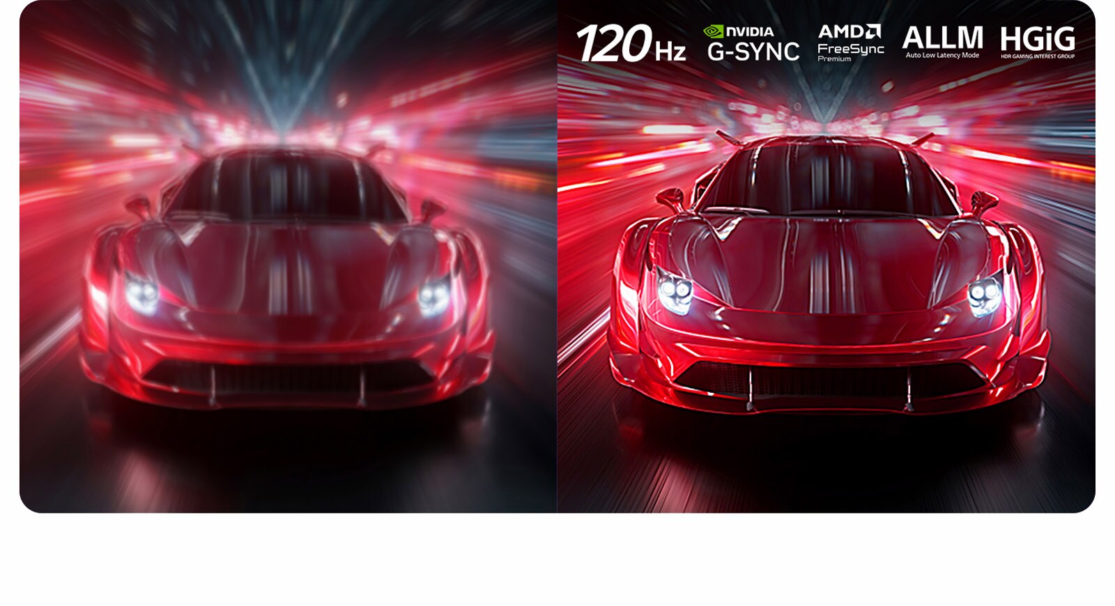 LG OLED AI B6 compares 144Hz vs 60Hz in a motorcycle racing game, showing the 144Hz panel as ultra-smooth and tear-free. NVIDIA G-SYNC and AMD FreeSync Premium logos appear at top left.