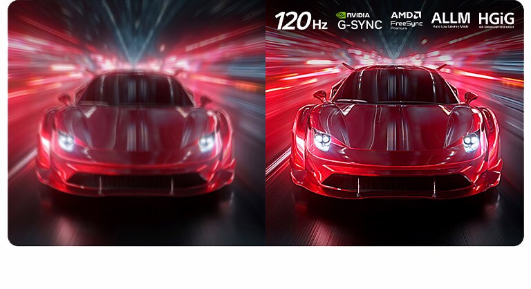 LG OLED AI B6 compares 144Hz vs 60Hz in a motorcycle racing game, showing the 144Hz panel as ultra-smooth and tear-free. NVIDIA G-SYNC and AMD FreeSync Premium logos appear at top left.