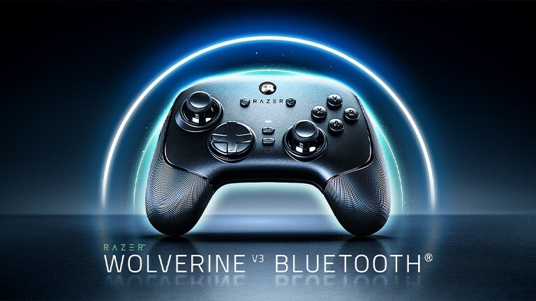 LG OLED AI B6 with Bluetooth Ultra Low Latency shows a wireless game controller labeled “Razer Wolverine V3 Bluetooth” on screen, indicating optimized Bluetooth controller support for responsive gameplay.