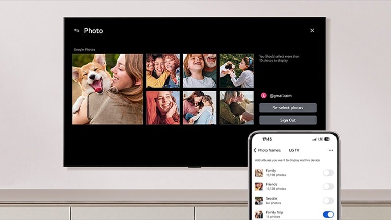 LG OLED AI B6 shows a Google Photos grid of family snapshots, while a phone displays an album list with the Family Trip album toggle switched on.