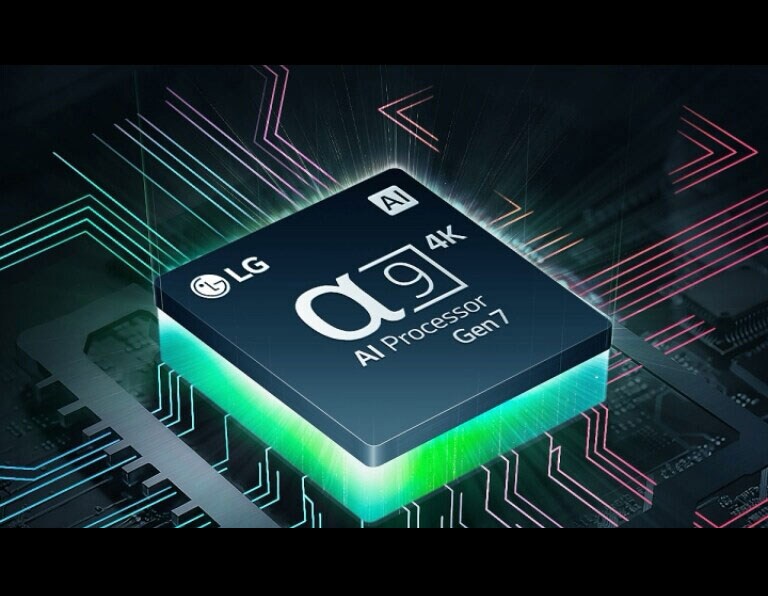 Процесорът Alpha 9 AI 4K от 7-мо поколение на LG със зелена светлина, която се излъчва отдолу, и цветни линии на платката, които се разклоняват от AI процесора.	