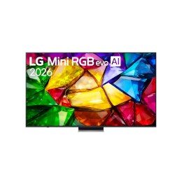 Изгледът отпред на LG Mini RGB evo AI MRGB87, пуснат на пазара през 2026 г., се отличава с тънка черна рамка с къси крачета2