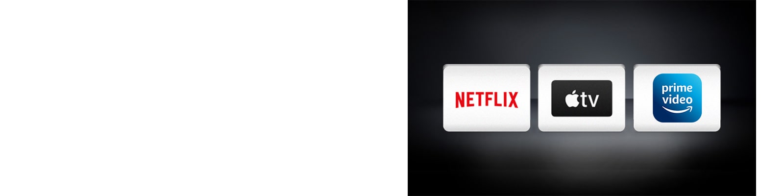 Логото на Netflix, логото на Apple TV и Amazon prime video са подредени хоризонтално на черен фон.