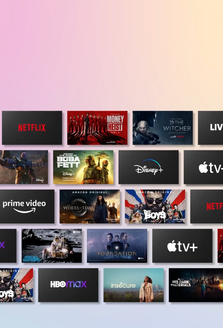 Редове със стрийминг съдържание се превъртат отстрани, докато се показва логото на доставчика на стрийминг услуги и миниатюрите на предлаганото съдържание.