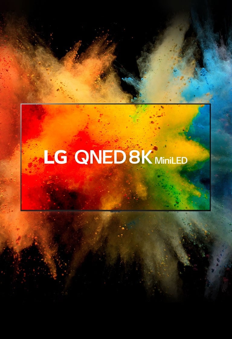 LG QNED в тъмна стая. Боядисаните прахове създават експлозия от цветове на дъгата на телевизора.