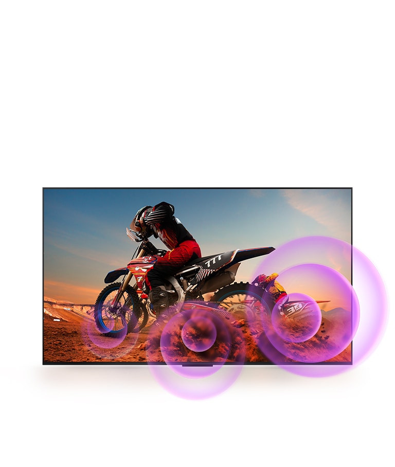 LG NanoCell TV показва мъж на мотоциклет с лилави абстрактни кръгове, излизащи от колелото, за да визуализират звуковото излъчване. 