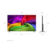LG 85-инчов LG NANO 4K UHD AI NU80 Smart TV 2026, LG NANO 4K UHD AI NU80, показан отпред и отстрани, се отличава с 85-инчов дисплей с ширина 957 mm, височина 560 mm, височина 626 mm със стойката, дълбочина 67,8 mm и площ на основата на стойката 826 н, 85NU800B3LA, thumbnail 2