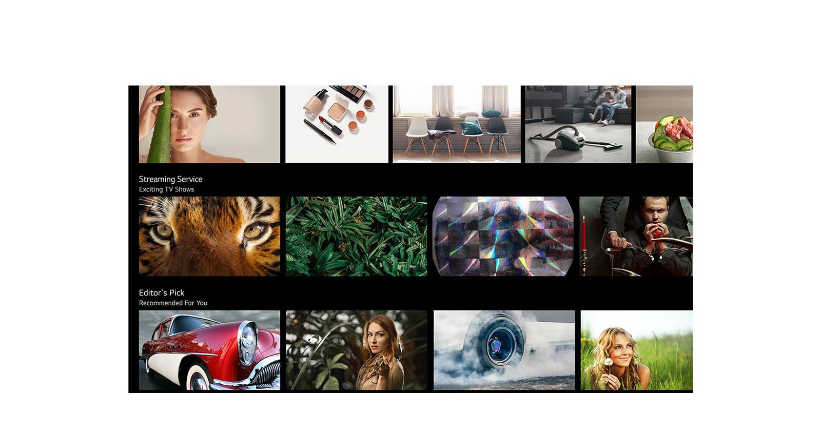 Телевизионен екран, на който се показва различно съдържание, посочено и препоръчано от LG ThinQ AI