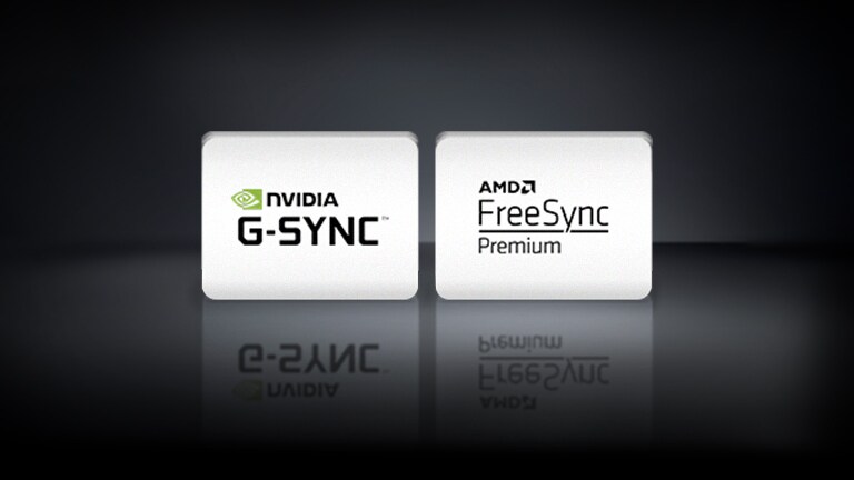 Логото на NVIDIA G-SYNC и логото на AMD FreeSync са подредени хоризонтално върху черен фон.