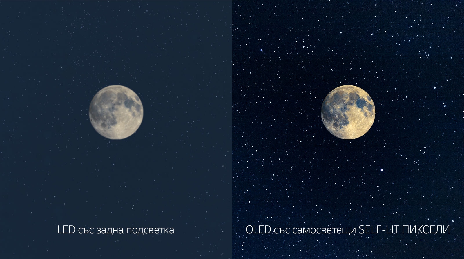Сцена с Луната, отляво LED с неясно черно и отдясно OLED с перфектни черни цветове (възпроизвеждане на видеоклипа)