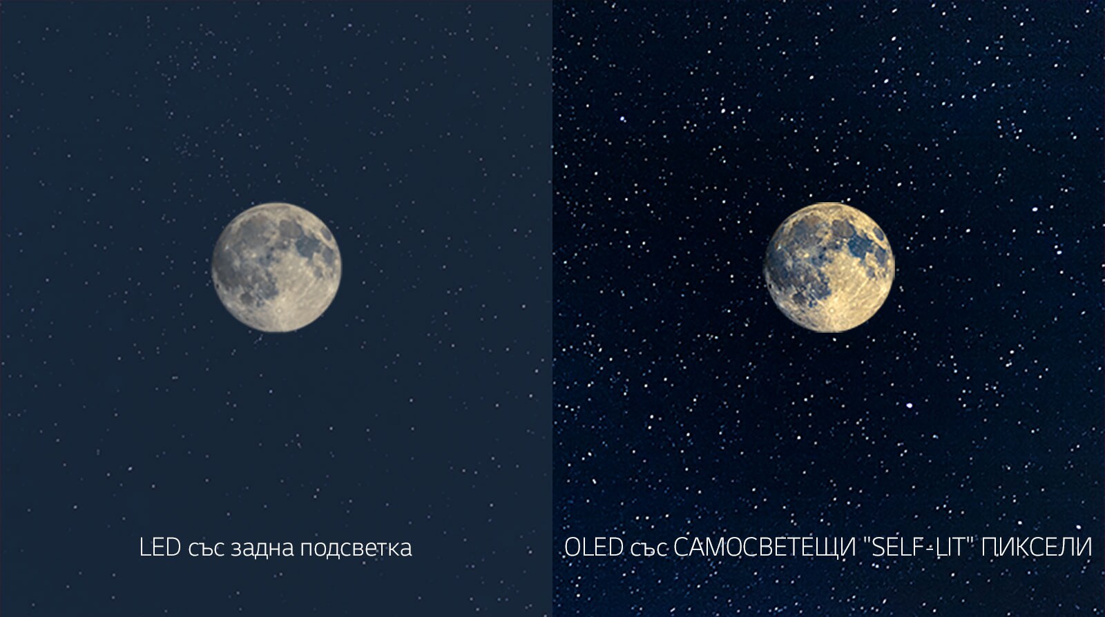 Сцена с Луната, отляво LED с неясно черно и отдясно OLED с перфектни черни цветове (възпроизвеждане на видеоклипа)