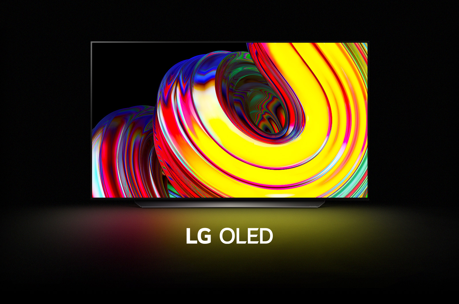LG OLED C2 е в тъмна стая с цветно абстрактно произведение на изкуството от вертикални линии на дисплея и надпис „LG OLED evo“ под него.