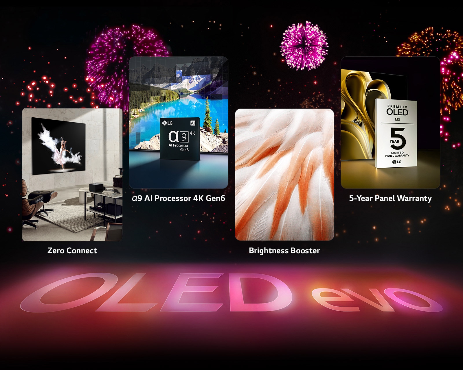 Изображение, представящо основните характеристики на LG OLED evo M3 на черен фон с розови и лилави фойерверки. Розовото отражение от фойерверките на земята показва думите „OLED evo.“ В рамките на картината изображение, изобразяващо Zero Connect, показва OLED M3 на стената на сива стая със Zero Connect Box, предаващa картината безжично. Изображение, изобразяващо AI процесорa α9 4K 6-то поколение, показва чипа, стоящ пред снимка на сцена с езеро, която се ремастерира с технологията за обработка. Изображение, представящо Brightness Booster Max, показва тигър с силно контрастно и ярко бяло. Изображение, представящо 5-годишната грижа за панела, показва логото на грижата за панела Premium OLED M3 на фона на дисплея. 