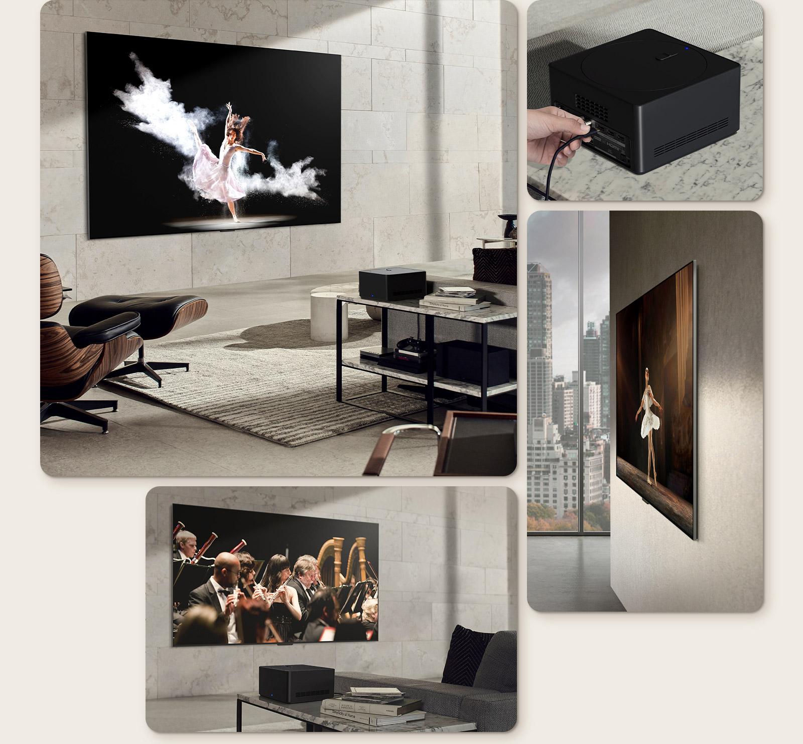 Изображение на LG OLED M3 на стената на уютна стая с куче и човек, наслаждаващи се на аеродинамичен изглед. Близък план на човек, свързващ кабел към Zero Connect Box. Страничен изглед на невероятно тънките размери на LG OLED M3. Изглед под ъгъл на LG OLED M3 върху подова стойка в модерен градски апартамент с Zero Connect Box върху мраморна помощна маса.