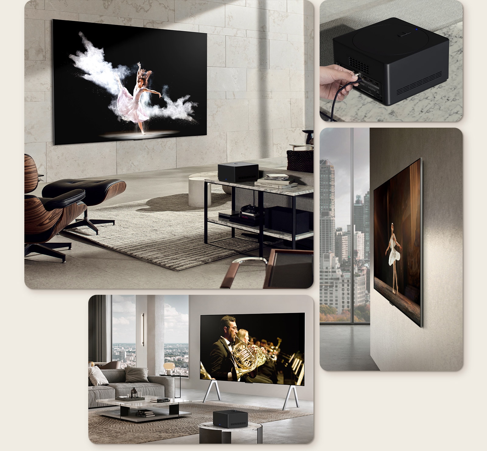 Изображение на LG OLED M3 на стената на уютна стая с куче и човек, наслаждаващи се на аеродинамичен изглед. Близък план на човек, свързващ кабел към Zero Connect Box. Страничен изглед на невероятно тънките размери на LG OLED M3. Изглед под ъгъл на LG OLED M3 върху подова стойка в модерен градски апартамент с Zero Connect Box върху мраморна помощна маса.