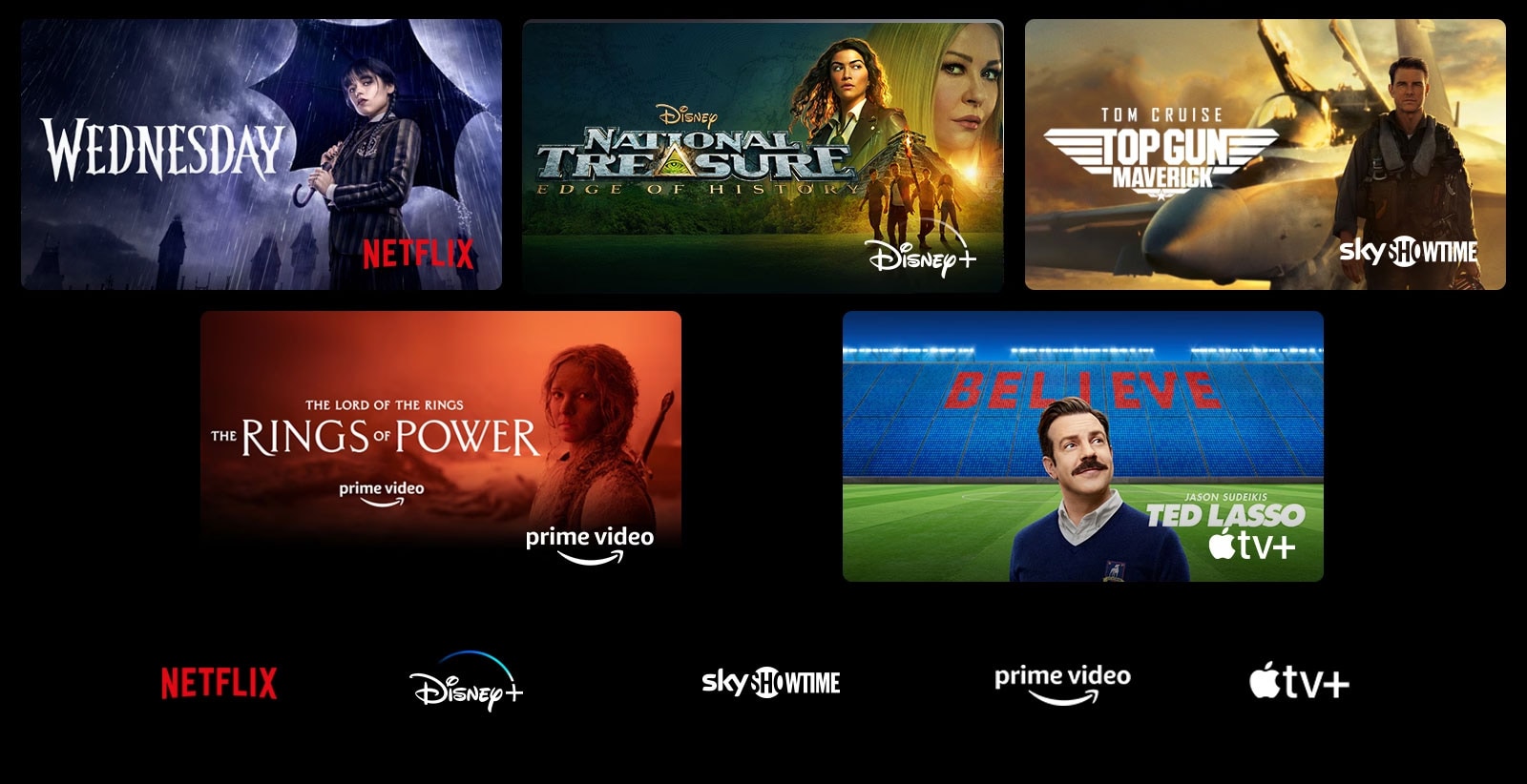 Постер на филмите „Уенсдей“ на Netflix, „Съкровището“ на Disney+, SkyShowtime,  „Пръстените на силата“ на Prime Video и „Тед Ласо“ на Apple TV Plus.