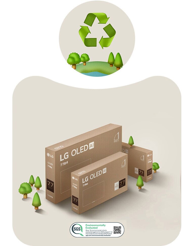 Опаковка на LG OLED на бежов фон с изобразени дървета. 