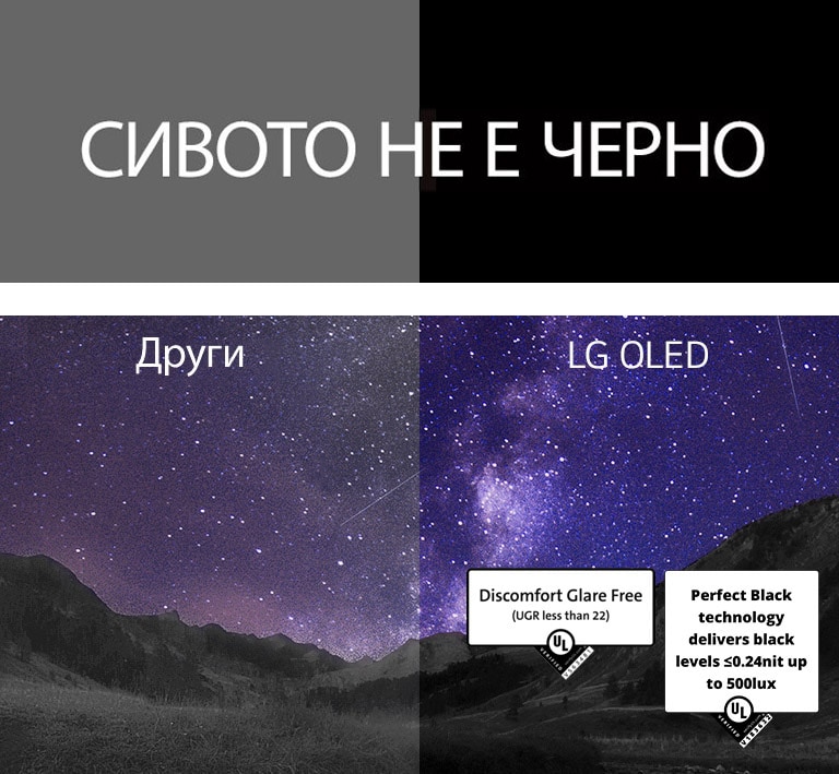 Млечният път изпълва нощното небе над каньон Над изображението е изписано „gray is not black“ (сивото не е черно) с бели печатни букви на черен фон. Екранът е разделен на две страни и е обозначен като „Others“ (Други) и „LG OLED“. Другата страна е забележимо по-тъмна и с по-малък контраст, докато страната на LG OLED е ярка и с висок контраст. Страната на LG OLED се отличава и със сертификат Discomfort Glare Free.