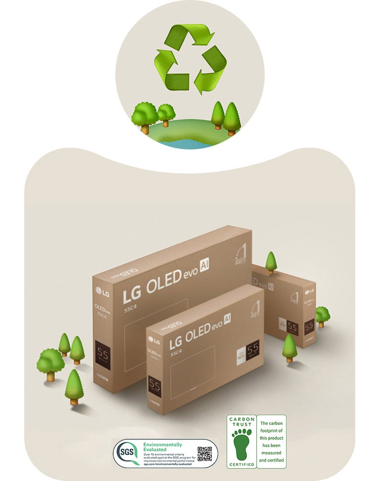 Опаковка на LG OLED на бежов фон с изобразени дървета. 