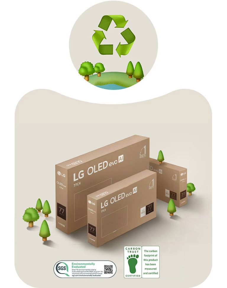 Опаковка на LG OLED на бежов фон с изобразени дървета. 