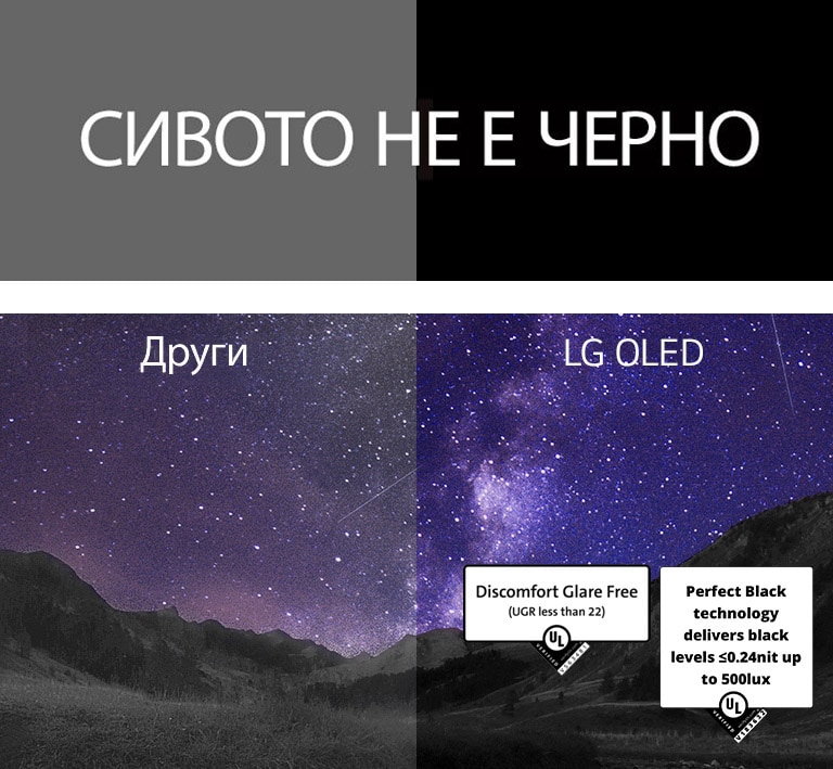 Млечният път изпълва нощното небе над каньон Над изображението е изписано „gray is not black“ (сивото не е черно) с бели печатни букви на черен фон. Екранът е разделен на две страни и е обозначен като „Others“ (Други) и „LG OLED“. Другата страна е забележимо по-тъмна и с по-малък контраст, докато страната на LG OLED е ярка и с висок контраст. Страната на LG OLED се отличава и със сертификат Discomfort Glare Free.