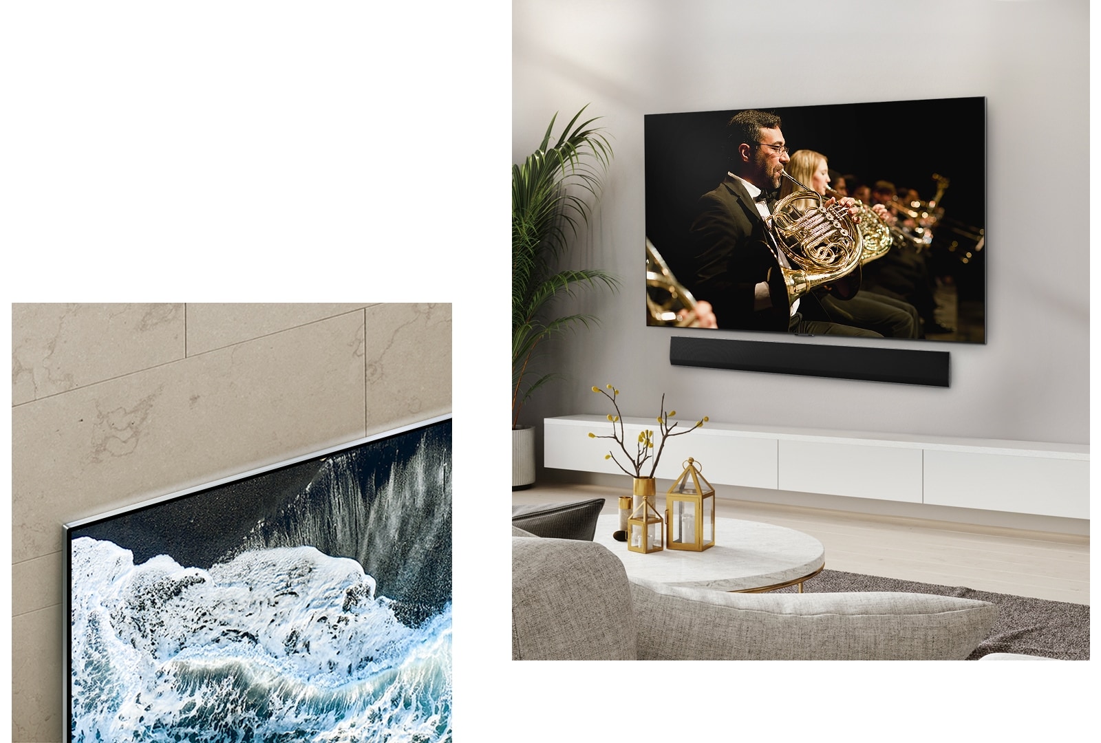 LG OLED TV, OLED G4 під кутом у перспективі на тлі мармурової стіни, яка показує, як зливається зі стіною. LG OLED TV, OLED G4 та LG Soundbar у строгому будинку, він був заснований на стіні, на екрані з виконання оркестром.