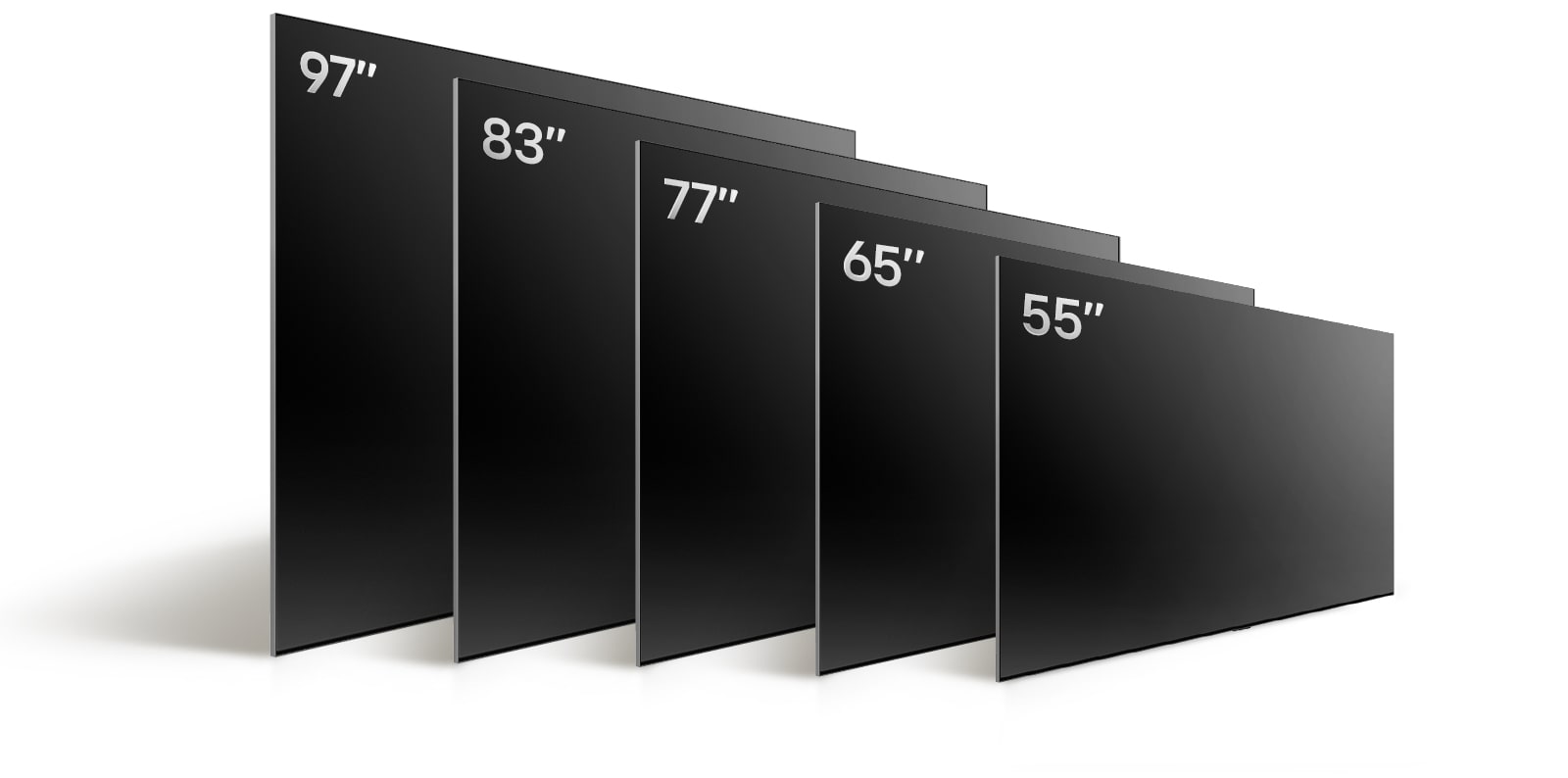 Порівняння різних розмірів LG OLED TV, OLED-G4, що показують OLED G4 55 дюймів, OLED G4 65 дюймів, OLED G4 77 дюймів, OLED G4 83 та OLED G4 97 дюймів.