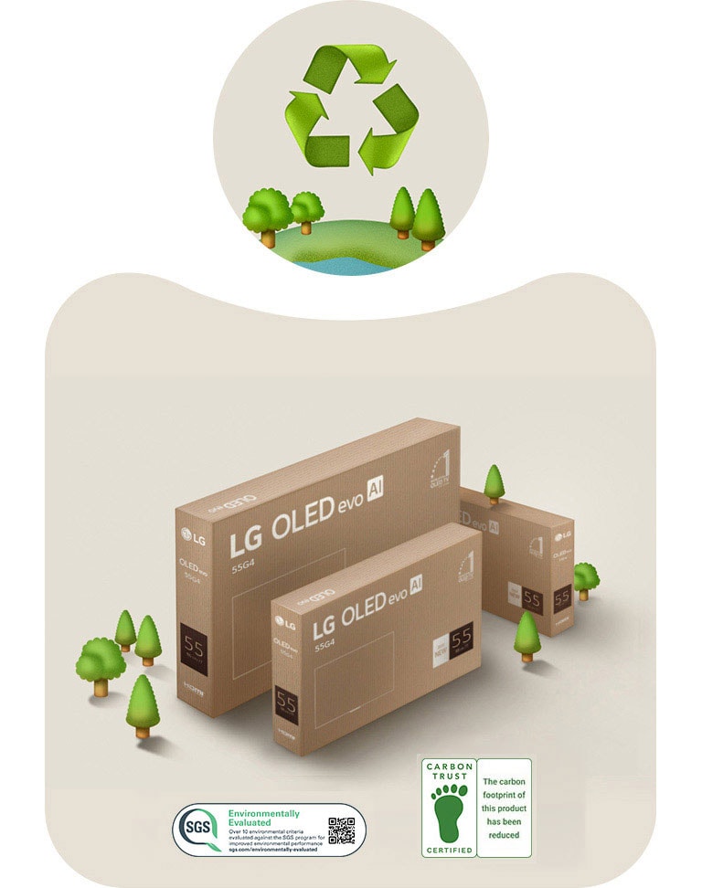 Опаковка на LG OLED на бежов фон с изобразени дървета. 