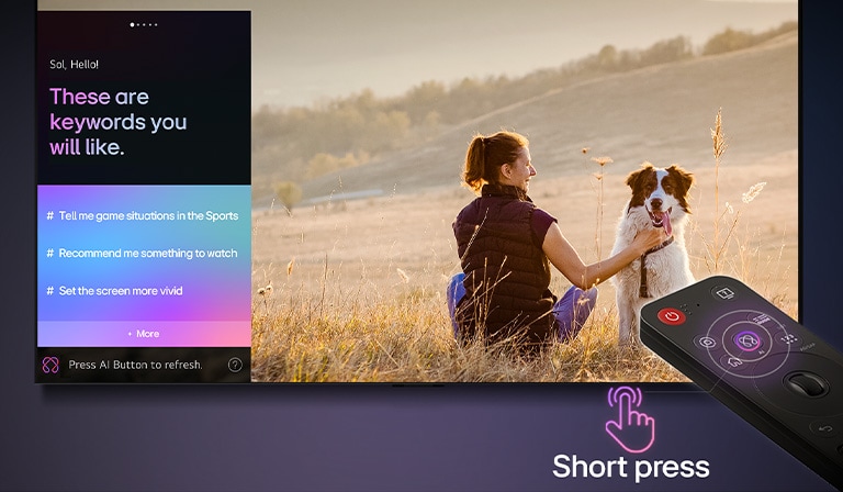 LG AI Magic Remote пред екрана на LG TV. На екрана се появява персонализиран поздрав от LG AI с персонализирани ключови думи въз основа на историята на търсенията и гледанията на потребителя. До дистанционното управление има икона и етикет, показващи, че функционалността AI Concierge е лесно достъпна с едно кратко натискане на бутона AI.