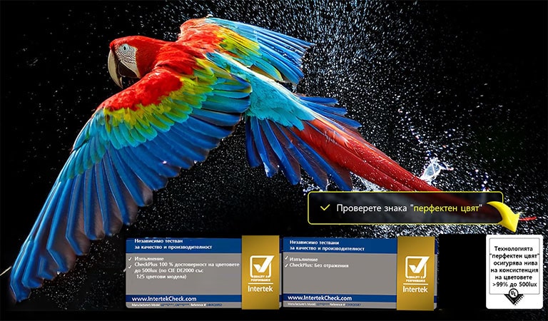 На телевизионния екран се виждат ослепителни и ярко оцветени фойерверки. Сертифицирането на логото е видимо, а технологията Perfect Color осигурява нива на консистентност на цветовете, по-високи от 99% до 500 lux. До него се намират и сертификатите на Intertek, които показват независимо тестване.
