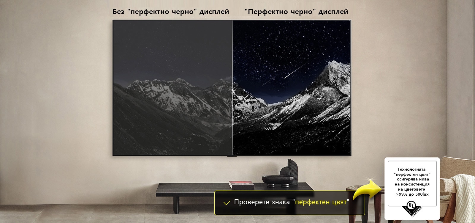 Всекидневна със стенно монтиран LG OLED TV. На телевизионния екран се вижда планинска верига на фона на тъмно вечерно небе, изпълнено със звезди. Сцената е разделена наполовина. От едната страна е показана по-неясна и сива версия на пейзажа с надпис Non Perfect Black. От друга страна, картината е по-приятна, с по-голям динамичен диапазон на черното и бялото. Тази част е с етикет Perfect Black display. Вижда се и сертифицирането на логото, като технологията Perfect Black осигурява нива на черно, по-малки или равни на 0,24 nit, до 500 lux.