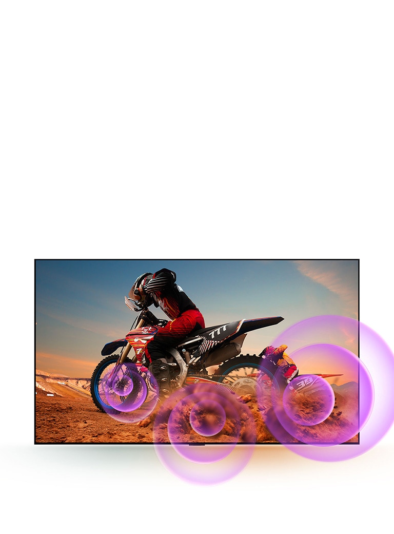 LG OLED TV показва мъж на мотоциклет с лилави абстрактни кръгове, излизащи от колелото, за да визуализират звуковото излъчване.