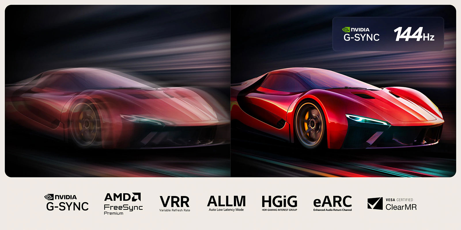 Две изображения на автомобил във видеоигра едно до друго. Единият показва много размазване при движение. Другият е ясен и на фокус, което показва високата честота на кадрите на LG OLED ТВ. Виждат се логото на Nvidia G-Sync, логото на 165Hz и други подходящи сертификати. 