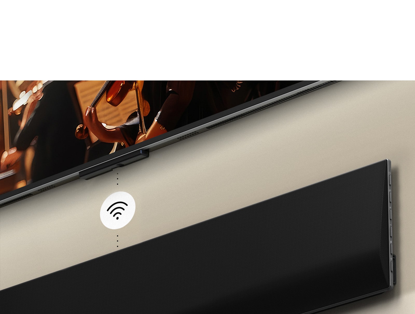 Близък план на LG TV над LG Soundbar със символ на WIFI, който се вижда отгоре.