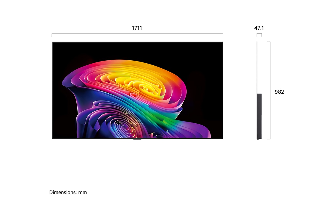 LG 77-инчов LG OLED evo AI C6 4K Smart TV 2026, LG OLED evo AI C6, показан отпред и отстрани, се отличава с 77-инчов дисплей с ширина 1071 mm, обща височина 620 mm и ултратънка дълбочина 46,9 mm без стойка., OLED77C61LA, thumbnail 3