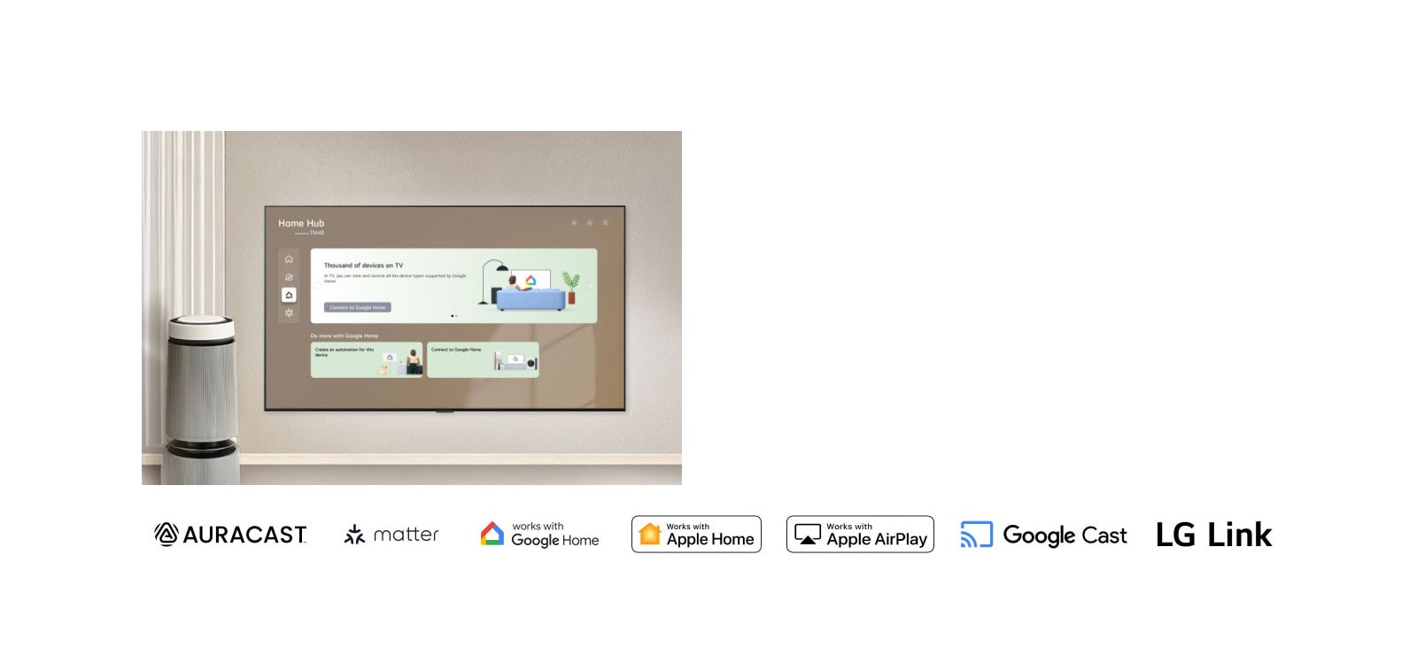 LG OLED evo AI G6 със Smart Connectivity показва интерфейса Home Hub на екран, показвайки връзки към Google Home и LG ThinQ. 