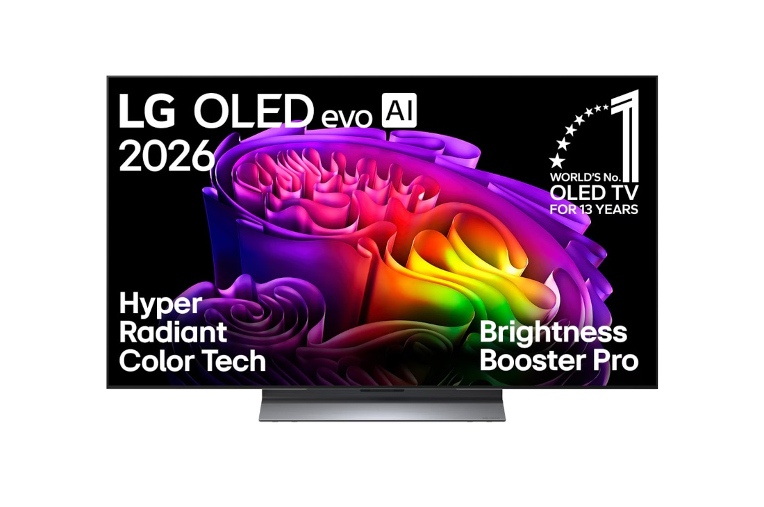 LG 48-инчов LG OLED evo AI G6 4K Smart TV 2026, Предният изглед на LG OLED evo AI G6, пуснат на пазара през 2026 г., показва изображение от многоцветни форми, подредени на слоеве, с Hyper Radiant Color Tech, Perfect Black & Perfect Color, както и е, OLED48G63LS, thumbnail 2