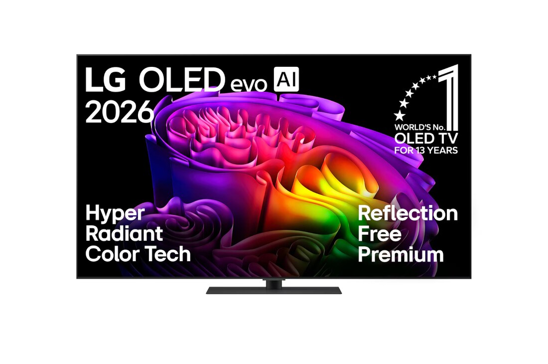 LG 65-инчов LG OLED evo AI G6 4K Smart TV 2026, Предният изглед на LG OLED evo AI G6, пуснат на пазара през 2026 г., показва изображение от многоцветни форми, подредени на слоеве, с Hyper Radiant Color Tech, Perfect Black & Perfect Color, както и е, OLED65G63LS, thumbnail 2