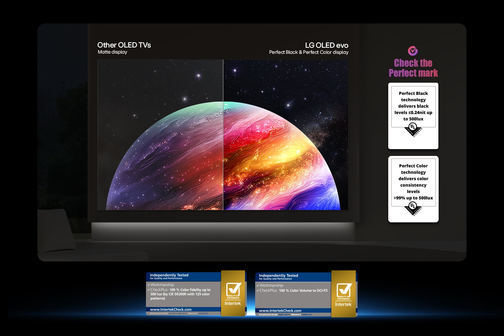 LG OLED evo AI G6 сцена с планети и звезди, сравнявайки матов дисплей с Anti-glare с дисплея Perfect Black & Perfect Color.