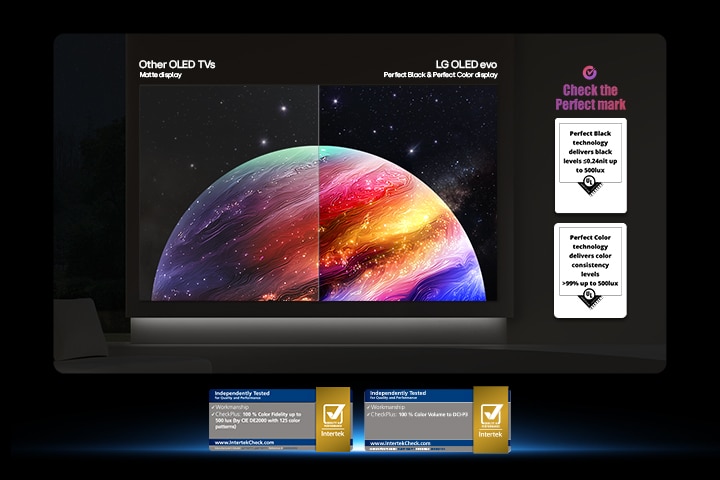 LG OLED evo AI G6 сцена с планети и звезди, сравнявайки матов дисплей с Anti-glare с дисплея Perfect Black & Perfect Color.