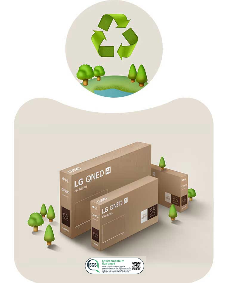 LG QNED csomagolás bézs színű háttér előtt, illusztrált fákkal. 