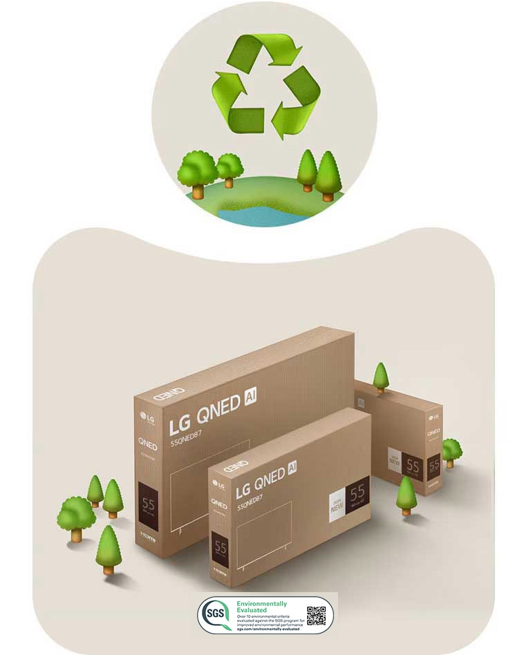 LG QNED csomagolás bézs színű háttér előtt, illusztrált fákkal. 