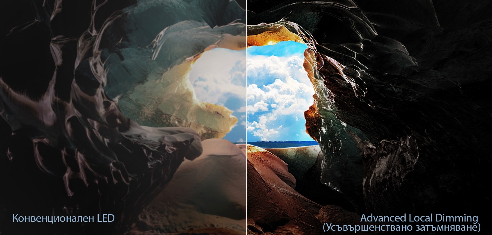 Гледка от вътрешността на пещера към нейния вход, откъдето се вижда синьото небе и хоризонтът. Цялата сцена е разделена наполовина, за да се покажат възможностите на усъвършенстваното локално затъмняване на QNED. От едната страна цветовете и детайлите са размити и визуализацията изглежда мътна. На етикета пише: „Конвенционален светодиод“. От другата страна има страхотно черно, по-добър контраст, яркост и цветове. На етикета е написано Advanced Local Dimming. 
