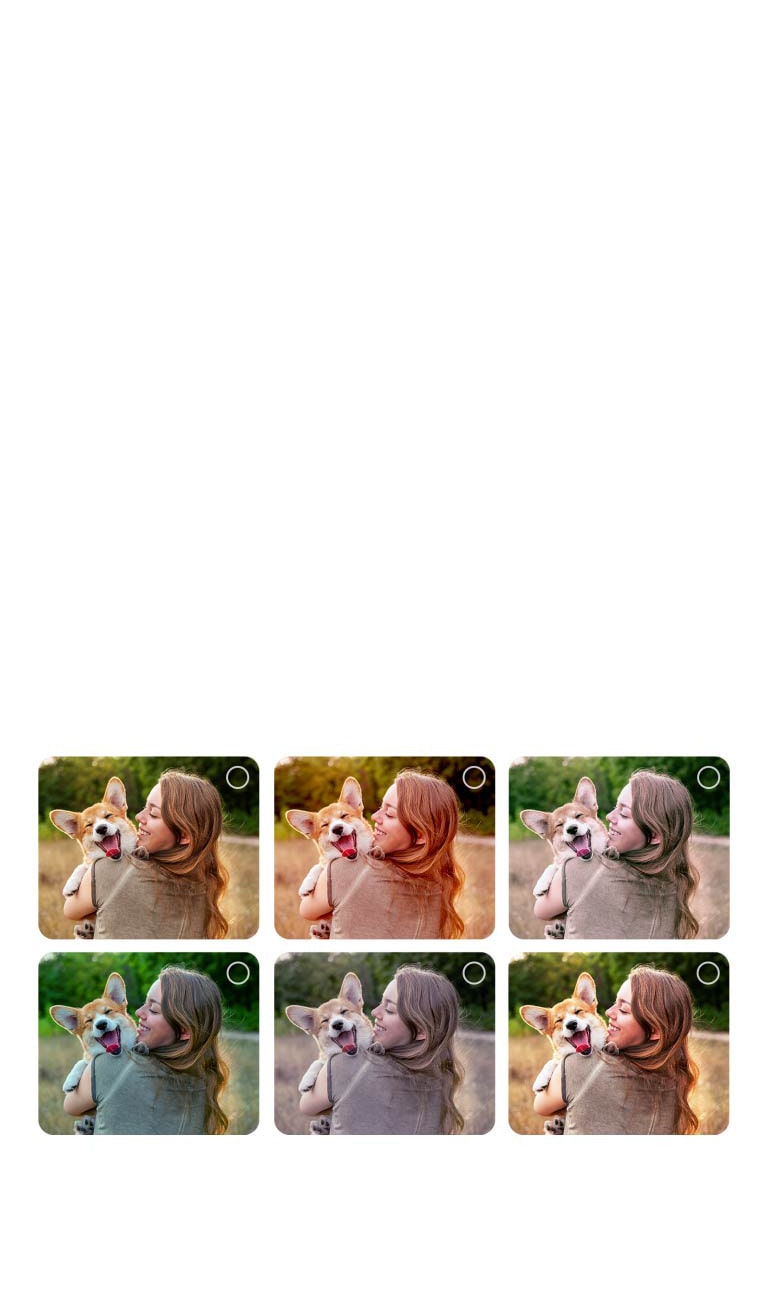 Екран на потребител, който преминава през процеса на персонализиране на AI Picture Wizard. Показват се поредица от снимки, като избраното от потребителя е подчертано. Появява се икона за зареждане и се показва пейзажно изображение, което се подобрява отляво надясно.