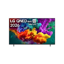 Предният изглед на LG QNED AI QNED85 Mini LED, пуснат на пазара през 2026 г., изпълва екрана с ярки, плавни пръски от многоцветно движение, докато фино наслоените цветове се разпръскват плавно по дисп2