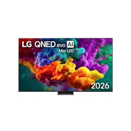 Предният изглед на LG QNED AI QNED87 Mini LED, пуснат на пазара през 2026 г., изпълва екрана с ярки, плавни пръски от многоцветно движение, докато фино наслоените цветове се разпръскват плавно по дисп2