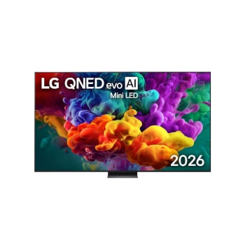 Предният изглед на LG QNED AI QNED87 Mini LED, пуснат на пазара през 2026 г., изпълва екрана с ярки, плавни пръски от многоцветно движение, докато фино наслоените цветове се разпръскват плавно по дисп1