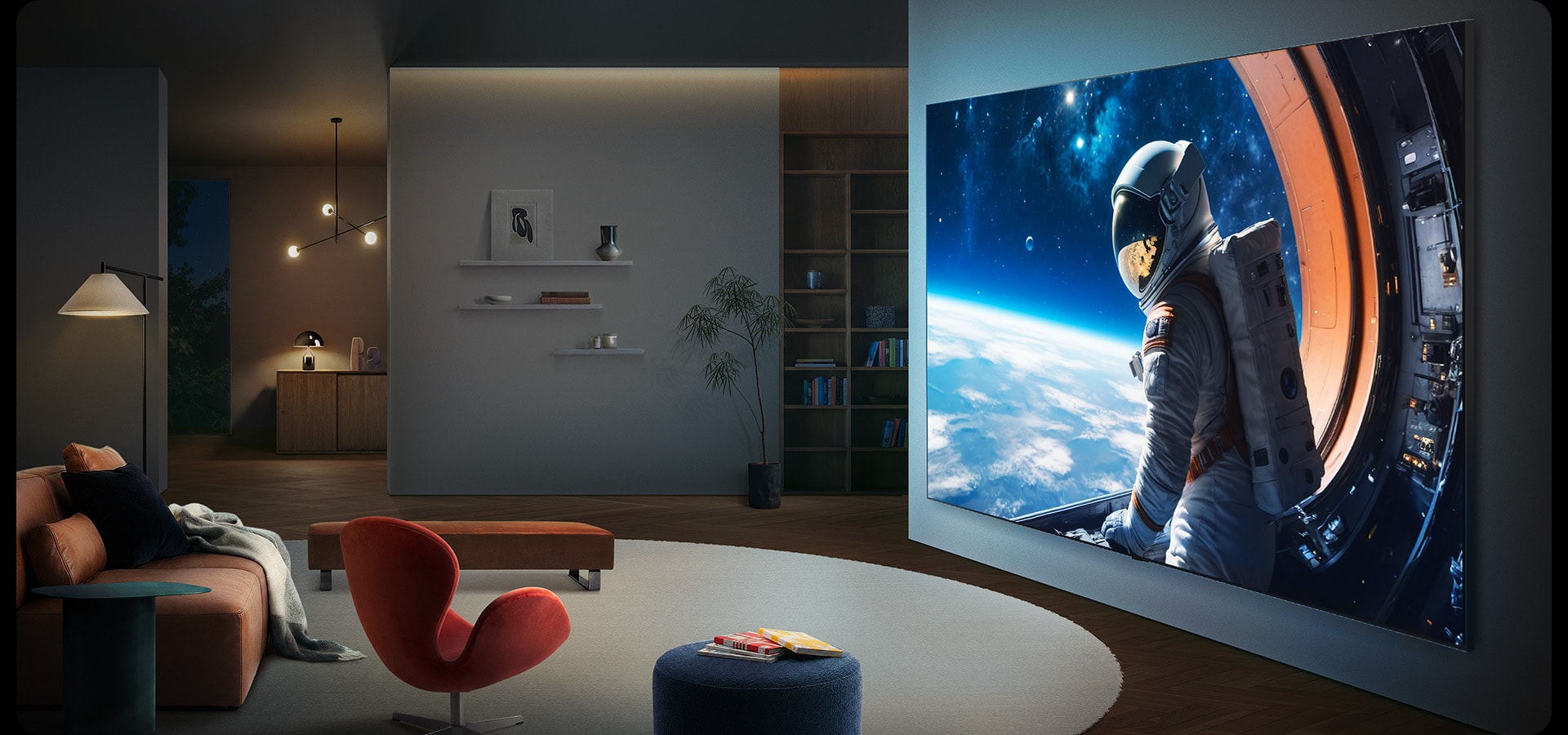 LG QNED evo AI QNED85 Mini LED Ultra Big TV на стената в съвременно жилищно помещение и показва мащабна сцена с астронавти.
